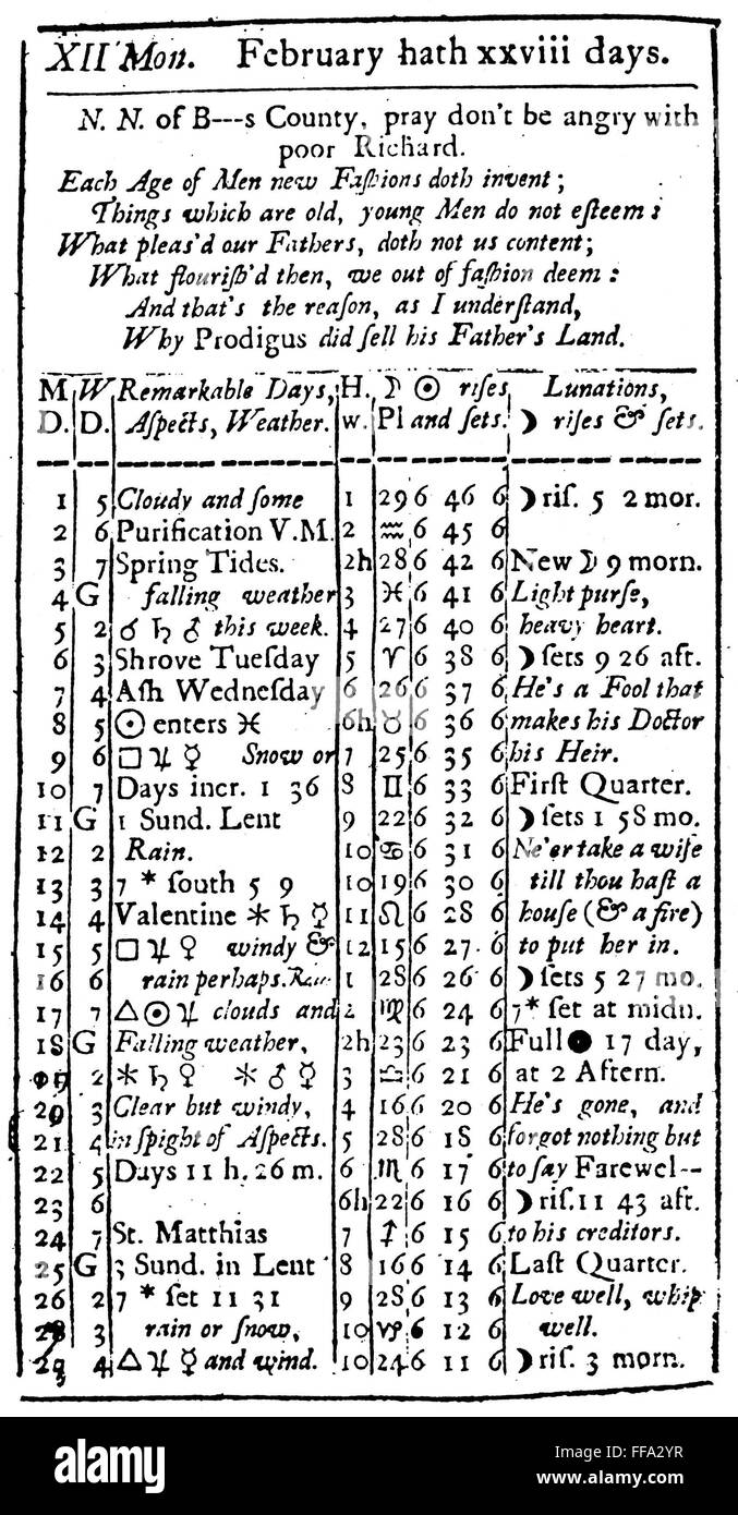 POOR RICHARD'S ALMANAC. /nThe calendar for February from the first