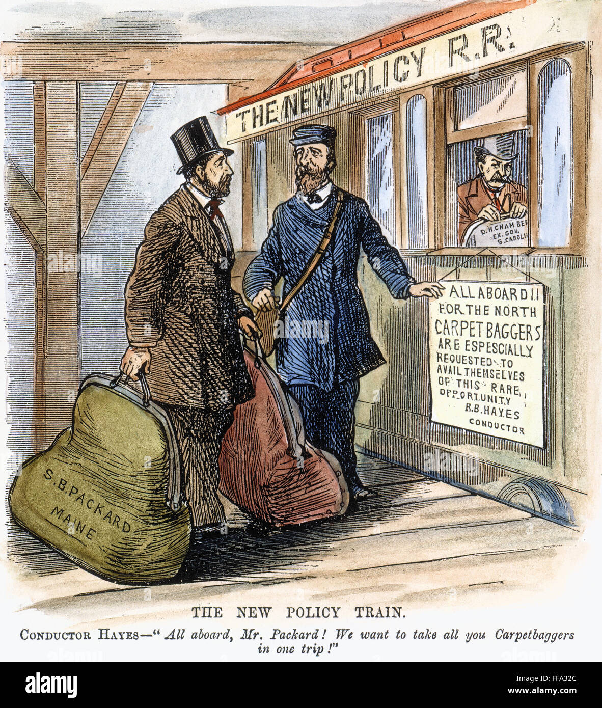 R. B. HAYES: CARPETBAGGERS. /nThe New Policy Train: After the withdrawal of Federal troops from the South, President Hayes conducts a carpetbagger to a train heading north: cartoon from an American newspaper of 1877. Stock Photo
