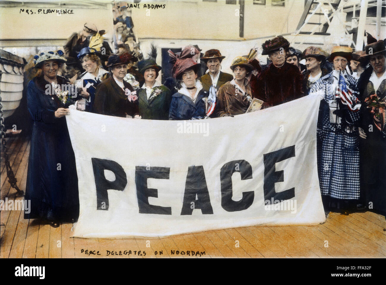 PACIFISM: JANE ADDAMS, 1915. /nJane Addams and fellow pacifists on the S.S. Noordam enroute to Europe in 1915. Oil over a photograph, 1915. Stock Photo