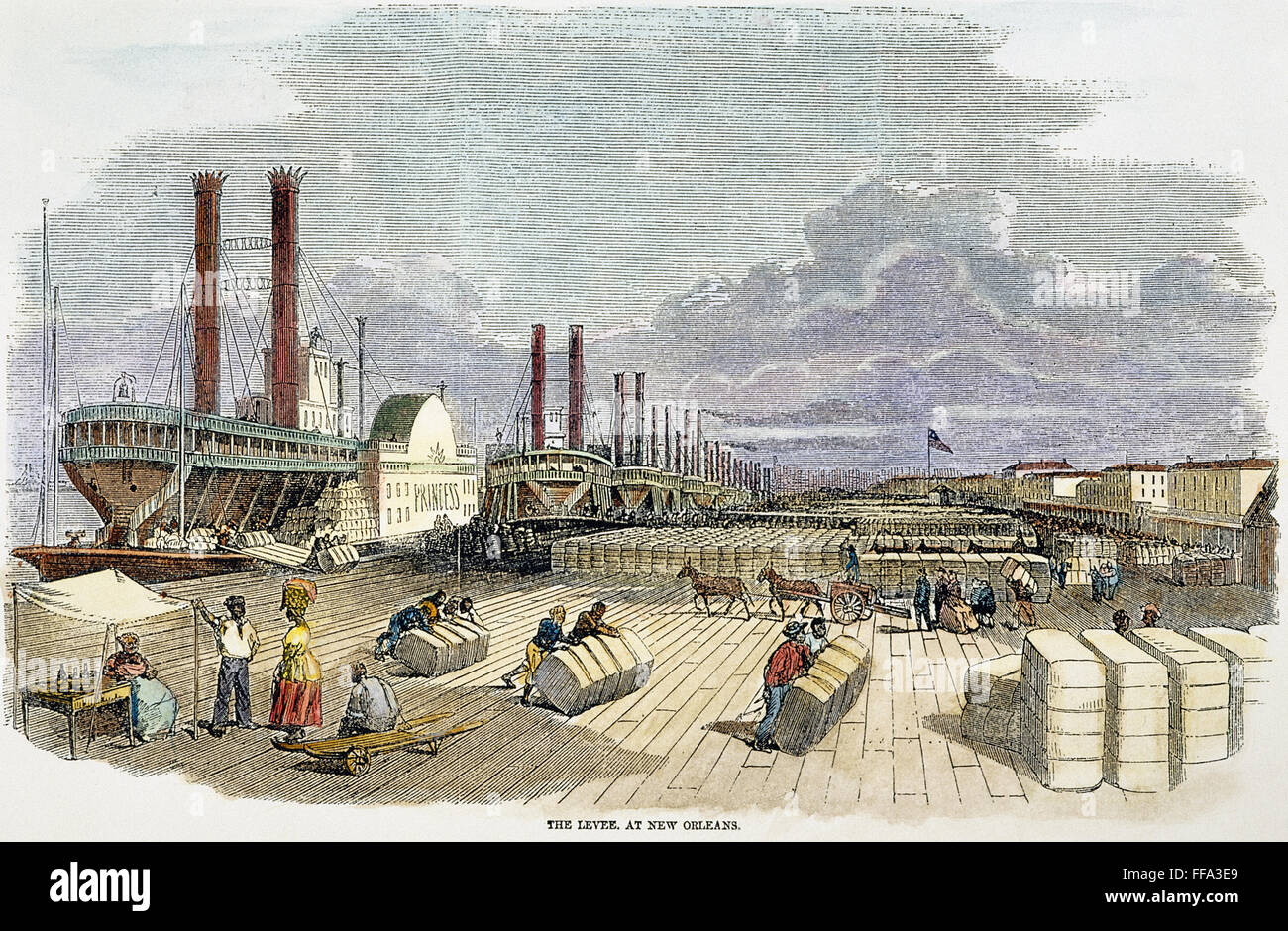 NEW ORLEANS LEVEE, 1858. /nBales of cotton being unloaded from riverboats on the levee at New Orleans, Louisiana. Wood engraving, English, 1858. Stock Photo