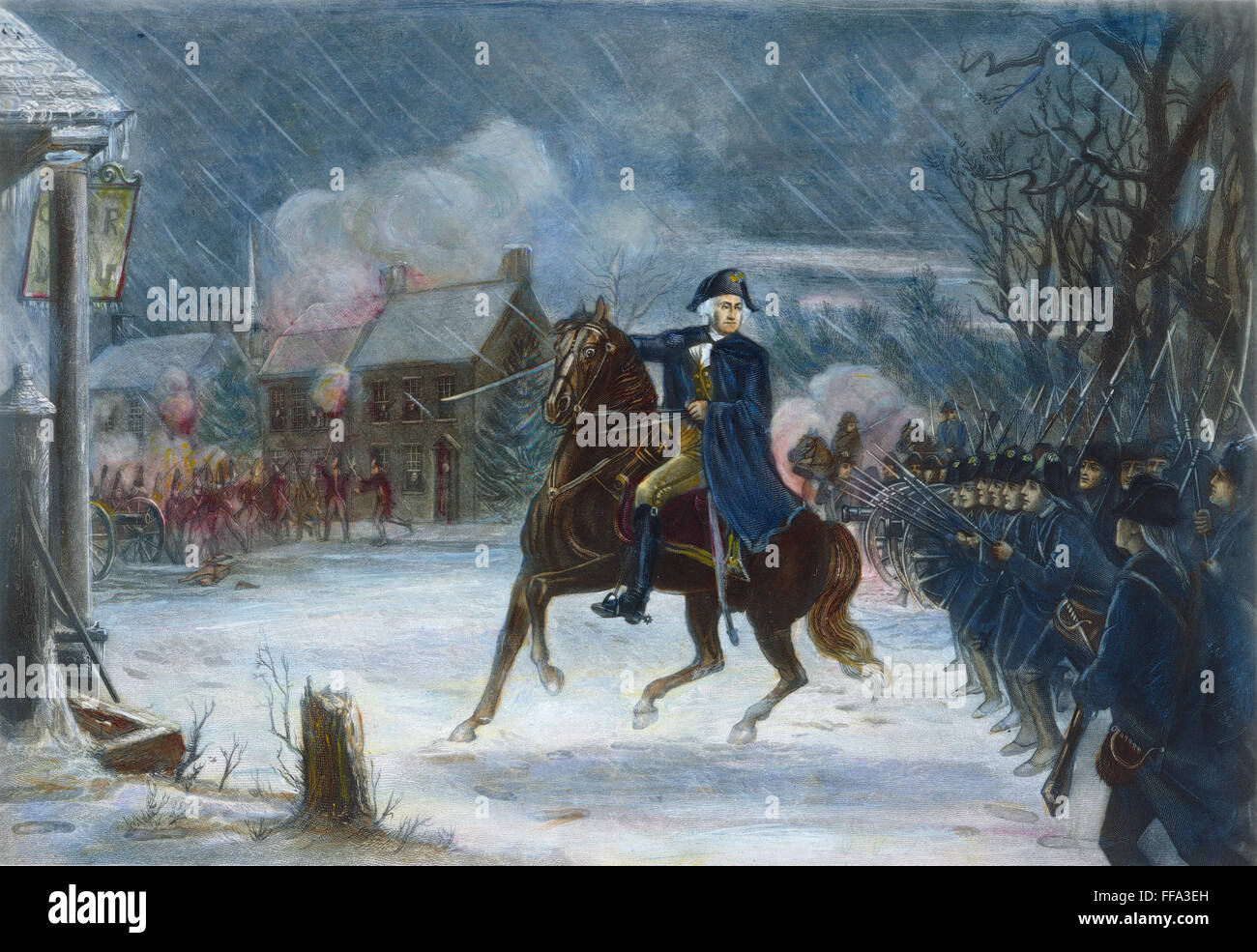 BATTLE OF TRENTON, 1776./nGeneral George Washington leading the early morning attack on Trenton, New Jersey, Dec. 26, 1776: steel engraving, 1876. Stock Photo