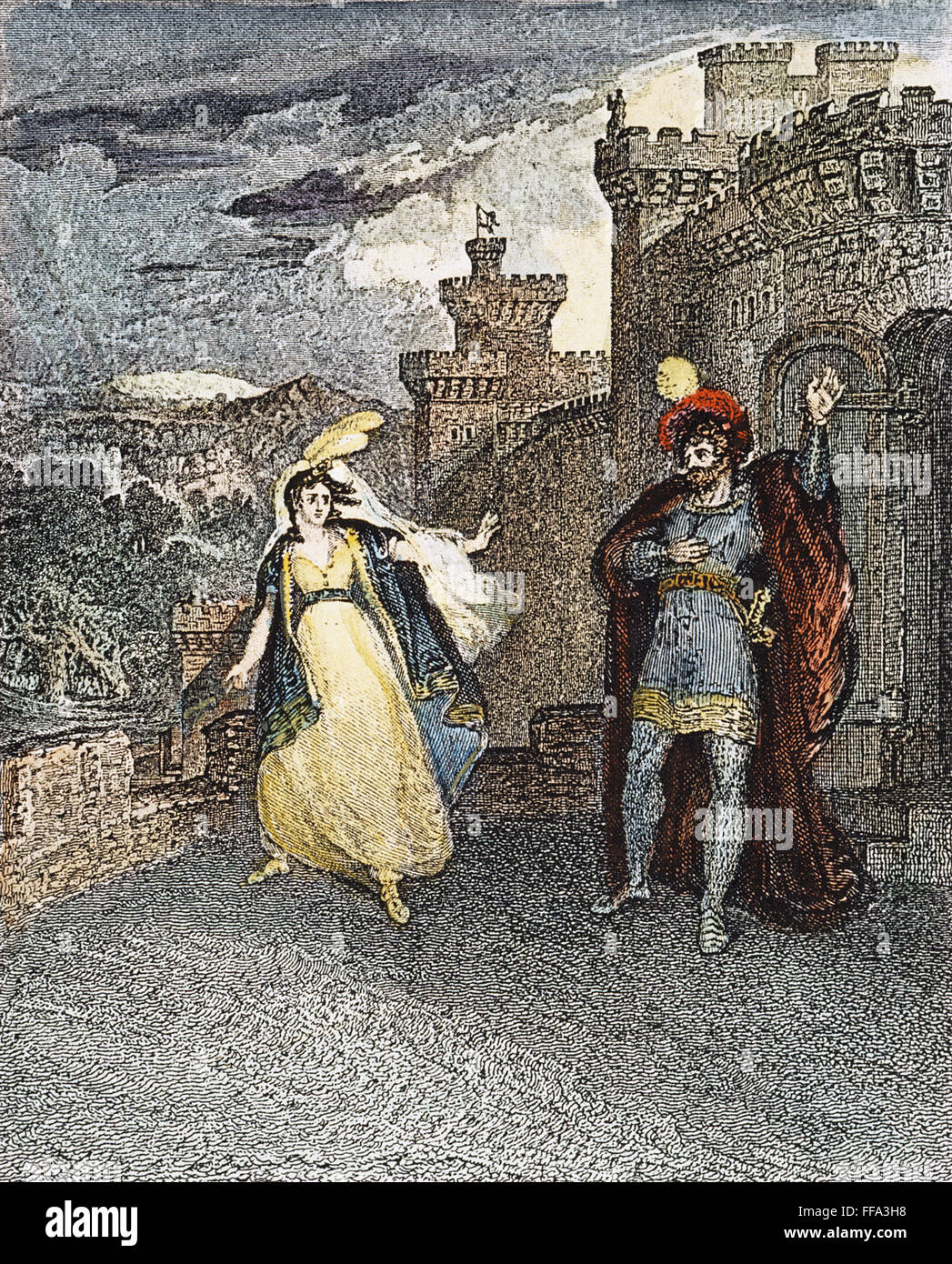 IVANHOE, 1832. /nRebecca rebuffs Sir Brian de Bois-Guilbert. Steel engraving from an 1832 English edition of Sir Walter Scott's novel 'Ivanhoe,' first published in 1819. Stock Photo