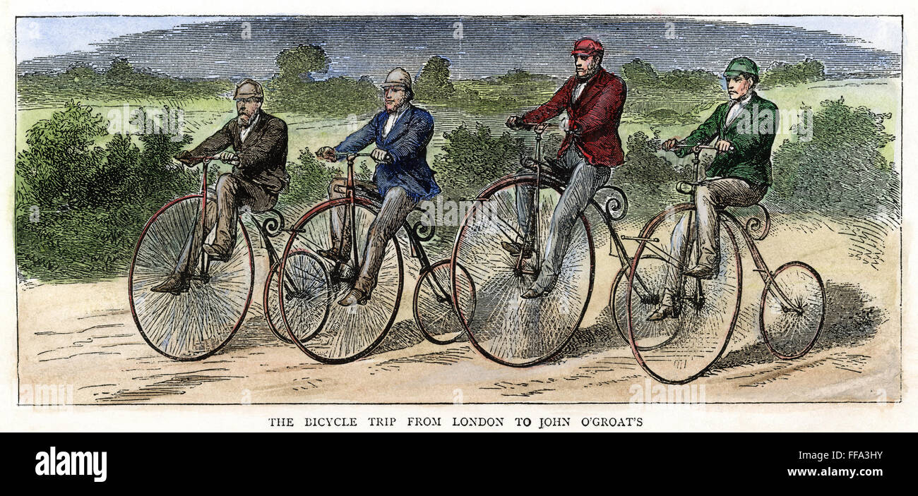 ENGLISH BICYCLISTS, 1873. /nIntrepid bicyclists on their way from London to John O'Groats at the northernmost extremity of Scotland in 1873. Colored engraving from a contemporary English newspaper. Stock Photo