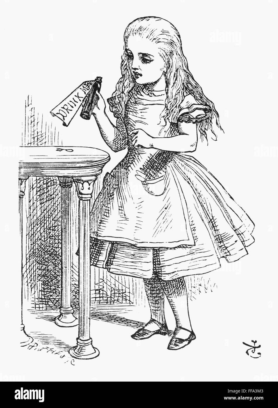 CARROLL ALICE, 1865 nAlice finds the bottle labled Drink Me Illustration by John Tenniel from the first edition of Lewis Carroll s Alice s Adventures in Wonderland, 1865 Stock Photo -