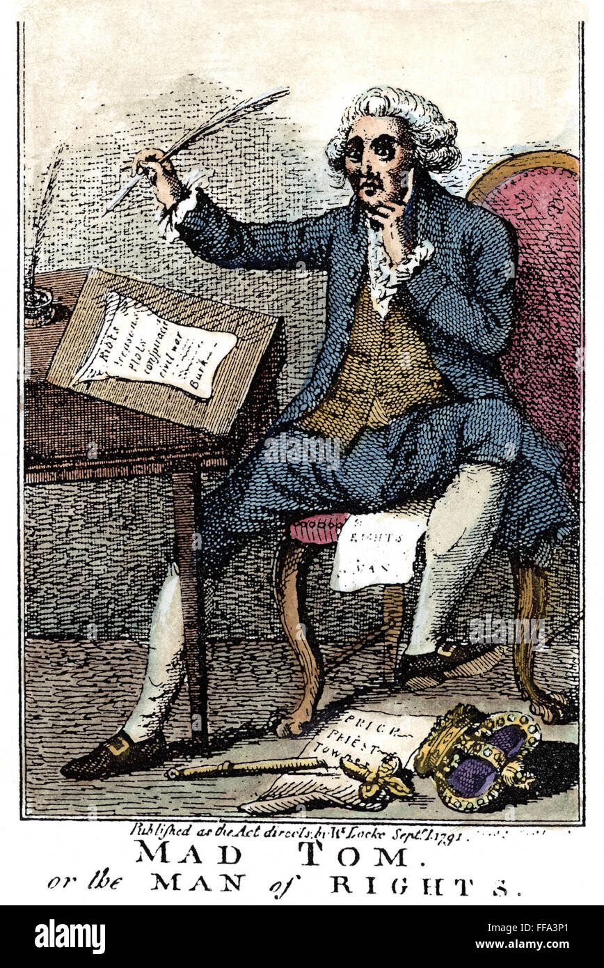 THOMAS PAINE CARTOON, 1791. /n'Mad Tom or the Man of Rights.' English cartoon, 1791, depicting Anglo-American political philosopher and writer, Thomas Paine (1737-1809), writing his 'Rights of Man,' in which he defended the early events of the French Revo Stock Photo
