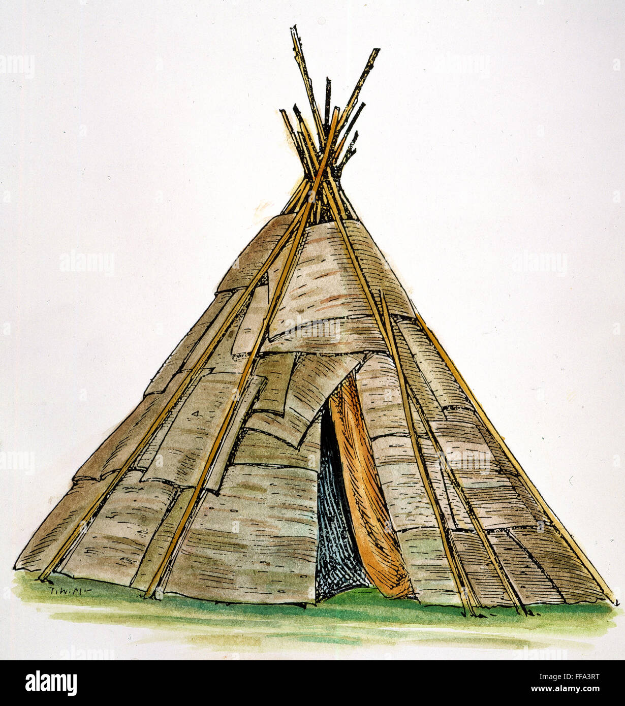 NATIVE AMERICAN WIGWAM. /nThe conical wigwam of the Ojibwa Native Americans, consisting of a framework of poles covered with sheets of birch bark. Drawing by C.W. Jefferys. Stock Photo