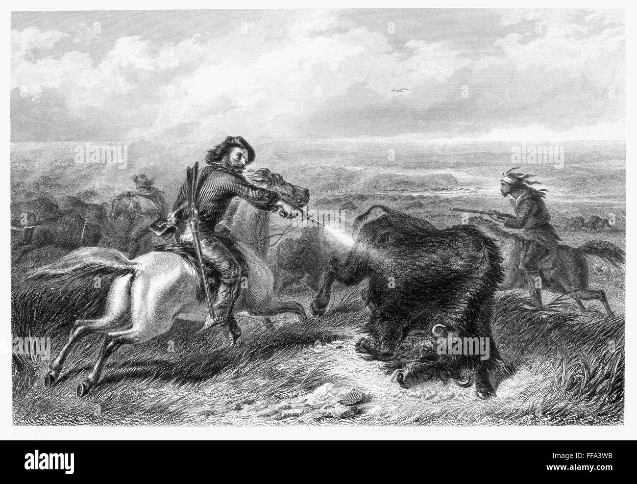 BUFFALO HUNTING, 1870. /nHunting buffaloes. Steel engraving, 1870, after Felix O.C. Darley Stock