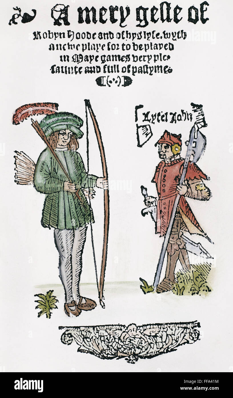 ROBIN HOOD: TITLE PAGE. /nWoodcut title page of 'A Mery Geste of Robyn Hoode,' 1550, featuring Robin and Little John. Stock Photo
