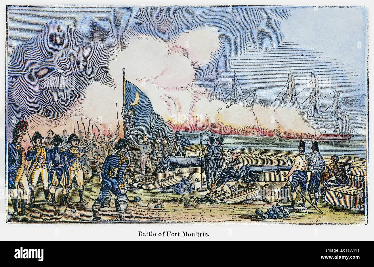 FORT MOULTRIE BATTLE, 1776. /nThe guns of Fort Moultrie on Sullivan's Island, near Charleston, South Carolina, repelling a British squadron on 28 June 1776. Wood engraving, American, 1844. Stock Photo