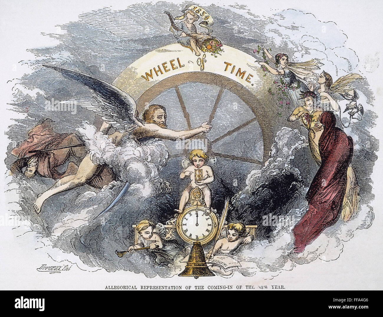 NEW YEAR, 1854. /n'Wheel of Time.' An allegorical representation of the coming-in of the New Year, 1854. Wood engraving, American, 1854. Stock Photo