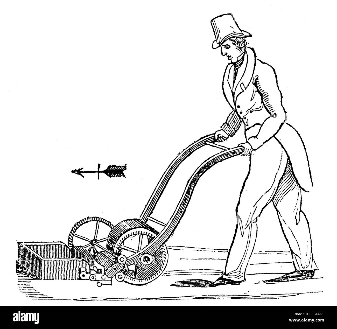 GRASS MOWING MACHINE 1830. nThe first grass mowing machine with grass catcher invented by Edwin Budding c1830. Line engraving English 19th century Stock Photo Alamy