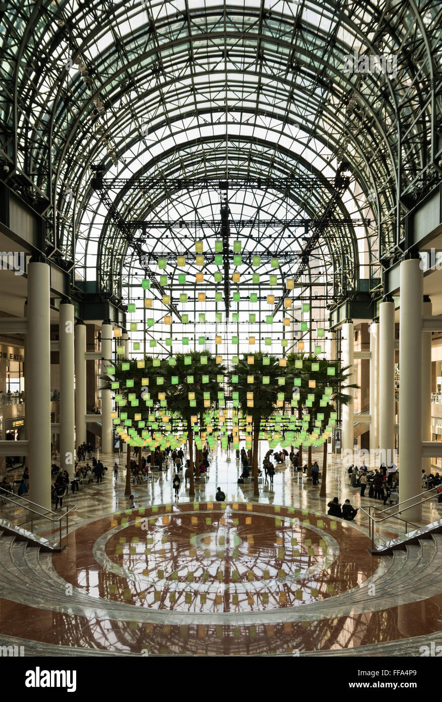 The Winter Garden of Brookfield Place in the Financial District, NYC, with its palm trees and Luminaries light installation Stock Photo