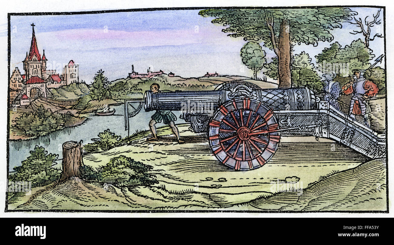 CANNON, 1547. /nAngling a cannon. Woodcut from a German manual of civil and military engineering, 1547. Stock Photo