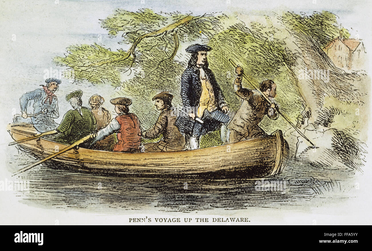 WILLIAM PENN (1644-1718). /nEnglish religious reformer and colonialist; founder of the colony of Pennsylvania. Penn voyaging up the Delaware River in 1682. Wood engraving, American, 19th century. Stock Photo