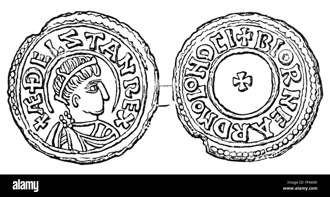 AETHELSTAN (c895-939). /nAnglo-Saxon ruler. Contemporary coin, front and back. Line engraving, 19th century. Stock Photo