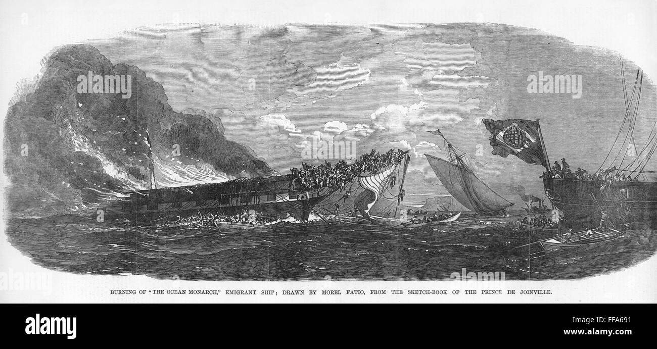 SHIPWRECK: OCEAN MONARCH. /nAn accidental fire consumes the American packet ship 'Ocean Monarch,' as 'Queen of the Ocean,' a Brazilian naval steam frigate (right) attempts to rescue survivors, 24 August 1848. Wood engraving, English, 1848. Stock Photo