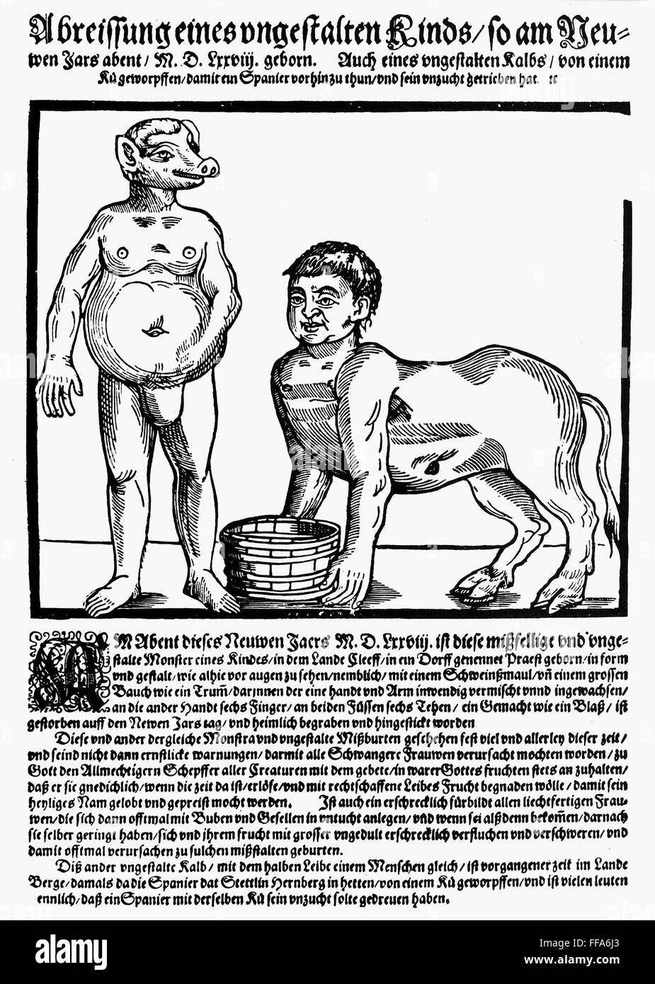 MONSTERS, 1578. /nBroadside announcing the birth of two human monsters, one with a pig's head and the other with the hind part of a calf, printed at Nuremberg, Germany, in 1578. Stock Photo
