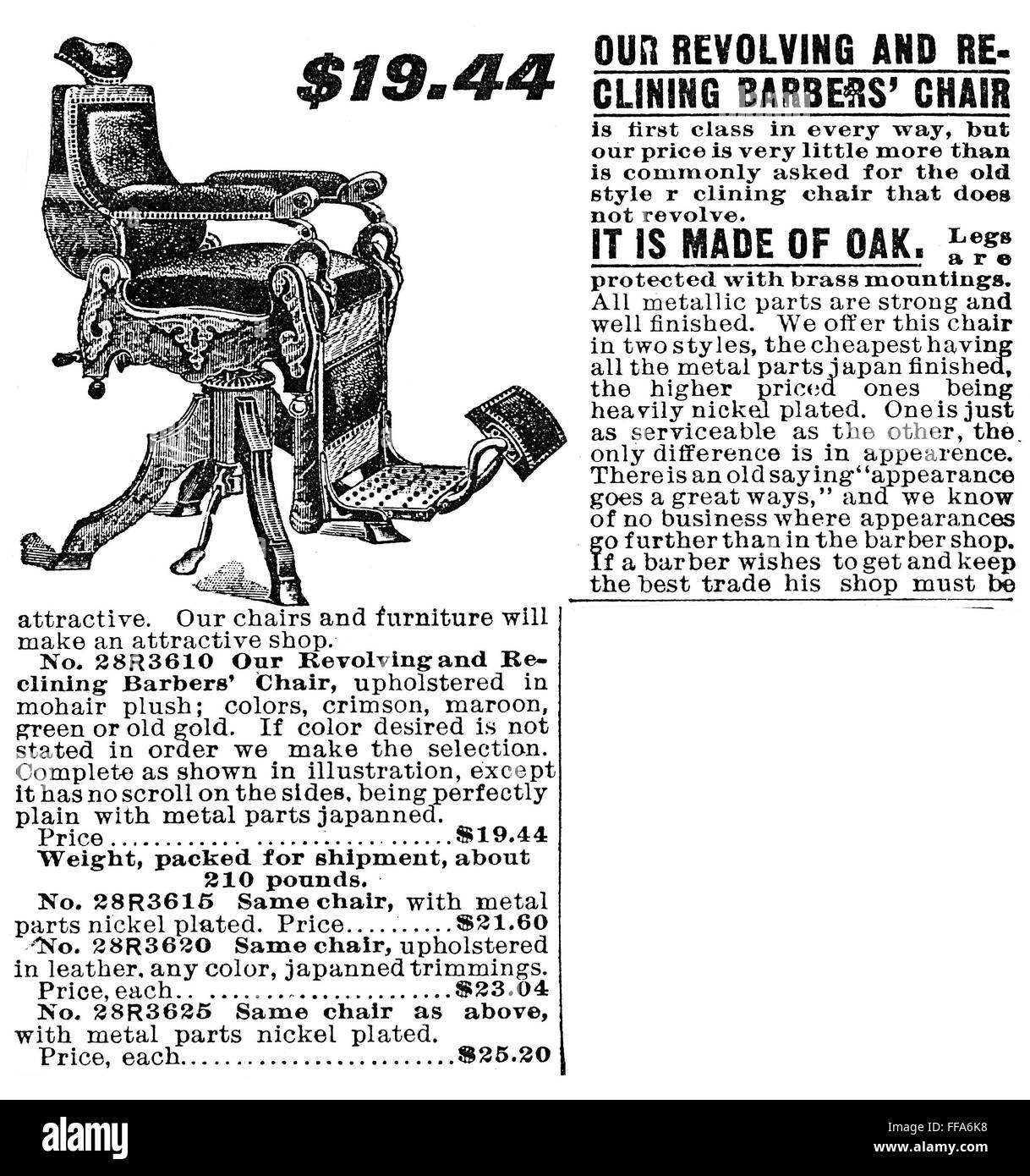 BARBER'S CHAIR, 1902. /nSears, Roebuck and Company's topoftheline barber chair Stock Photo