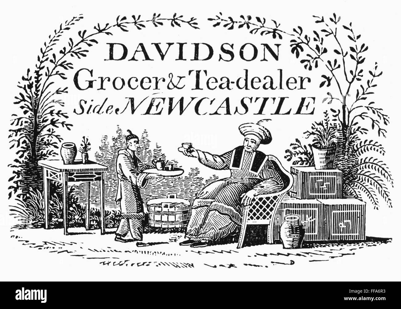 TEA DEALER'S LABEL, 1820. /nEnglish grocer's label, 1820, engraved by Thomas Bewick. Stock Photo