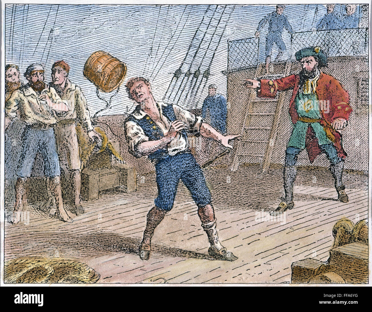 CAPTAIN WILLIAM KIDD /n(c1645-1701). Scottish privateer and pirate. Captain Kidd hurls a bucket and mortally wounds his mutinous gunner, William Moore, as they cruise off the coast of India in 1697. Line engraving, 19th century. Stock Photo