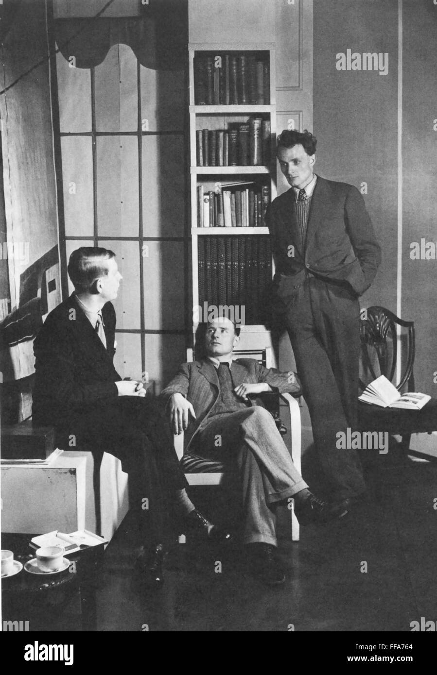 AUDEN, ISHERWOOD, SPENDER./nEnglish writers W.H. Auden, Christopher Isherwood, and Stephen Spender; photographed in 1938. Stock Photo