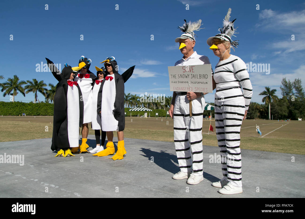 West Palm Beach, Florida, USA. 11th Feb, 2016. Snowy Jailbirds, Barry and Lois Sales, Boca Raton, took home first prize in the costume contest at the 3rd Annual Snowbirds vs Flamingos croquet tournament at the National Croquet Center in West Palm Beach on February 11, 2016. The benefit tournament is open to the public with prizes for costumes and tournament winners. Organizers hope contestants will come out and be kind of silly and have some fun. The benefit has raised money for night time lighting at the center, new cushions for the furniture and general improvements. (Credit Image: © Alle Stock Photo