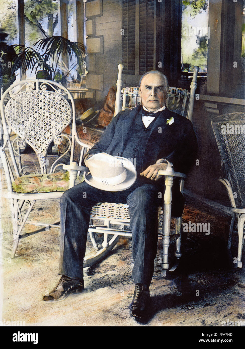 WILLIAM McKINLEY /n(1843-1901). President William McKinley (1843-1901) on the porch of his home in Canton, Ohio: oil over a photograph, 1899. Stock Photo