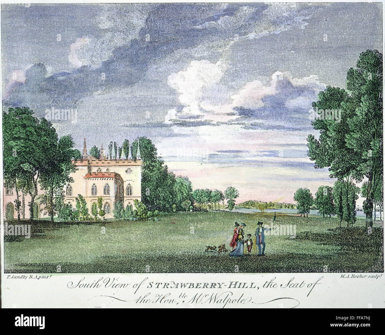WALPOLE HOME, 1775./nStrawberry Hill, the residence of Horace Walpole, Fourth Earl of Orford (1717-1797). Copper engraving, 1775, after Paul Sandby. Stock Photo