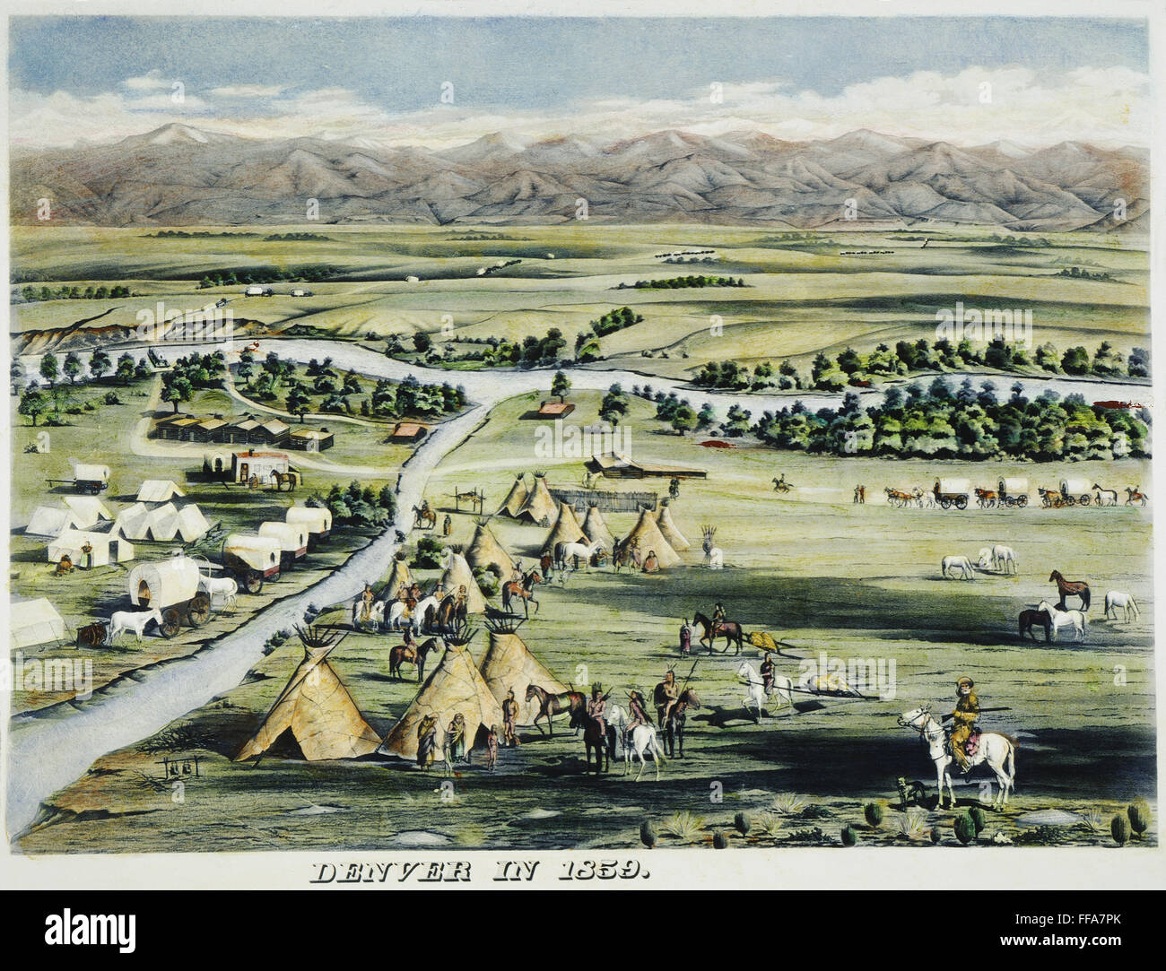 DENVER, COLORADO, 1859. /nDenver, Colorado, as it appeared in 1859: American lithograph, 19th century. Stock Photo