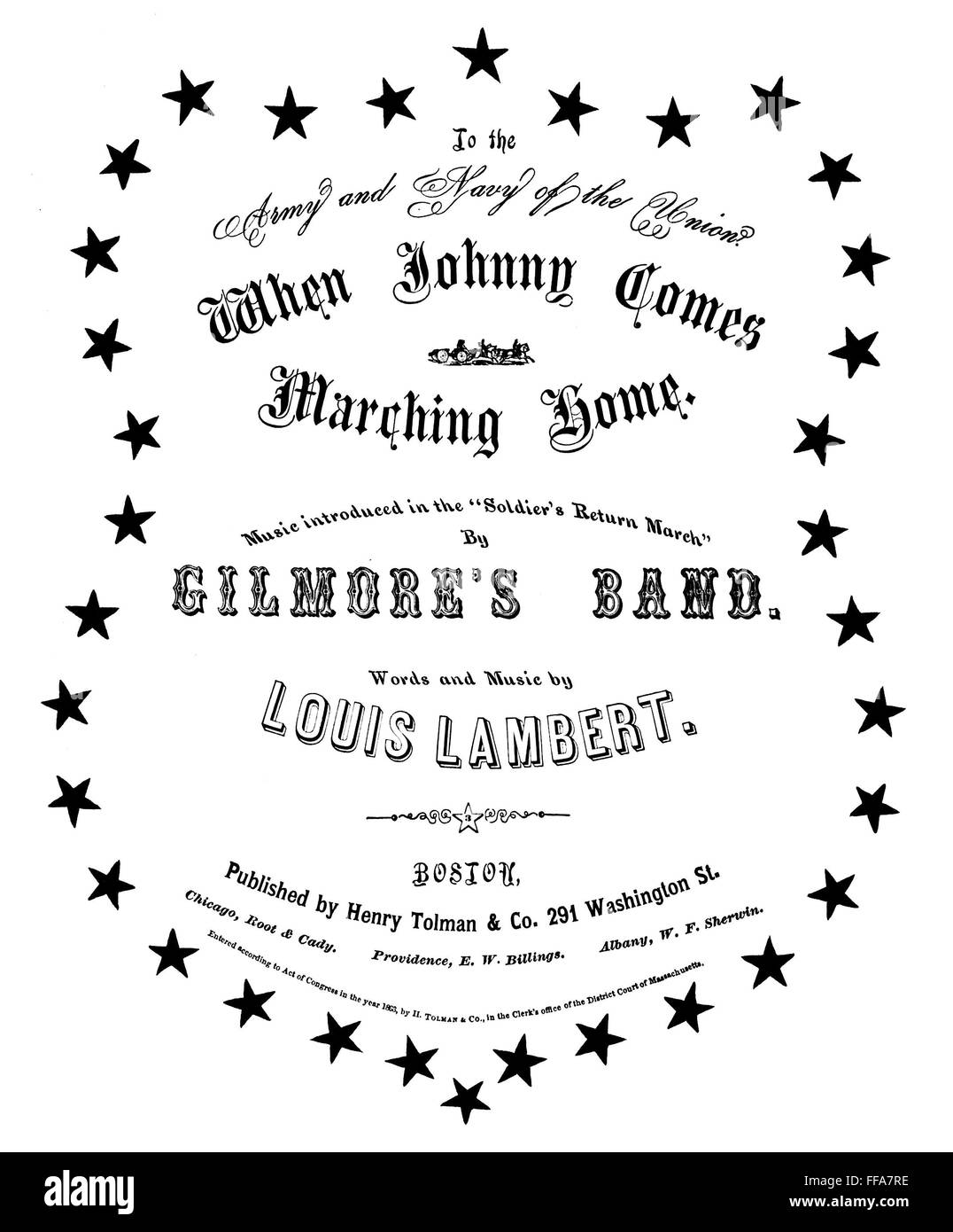 CIVIL WAR: SONGSHEET, 1863. /nCover of the first publication, Boston, 1863, of 'When Johnny Comes Marching Home' by Louis Lambert, pseudonym of the bandmaster Patrick Sarsfield Gilmore. Stock Photo
