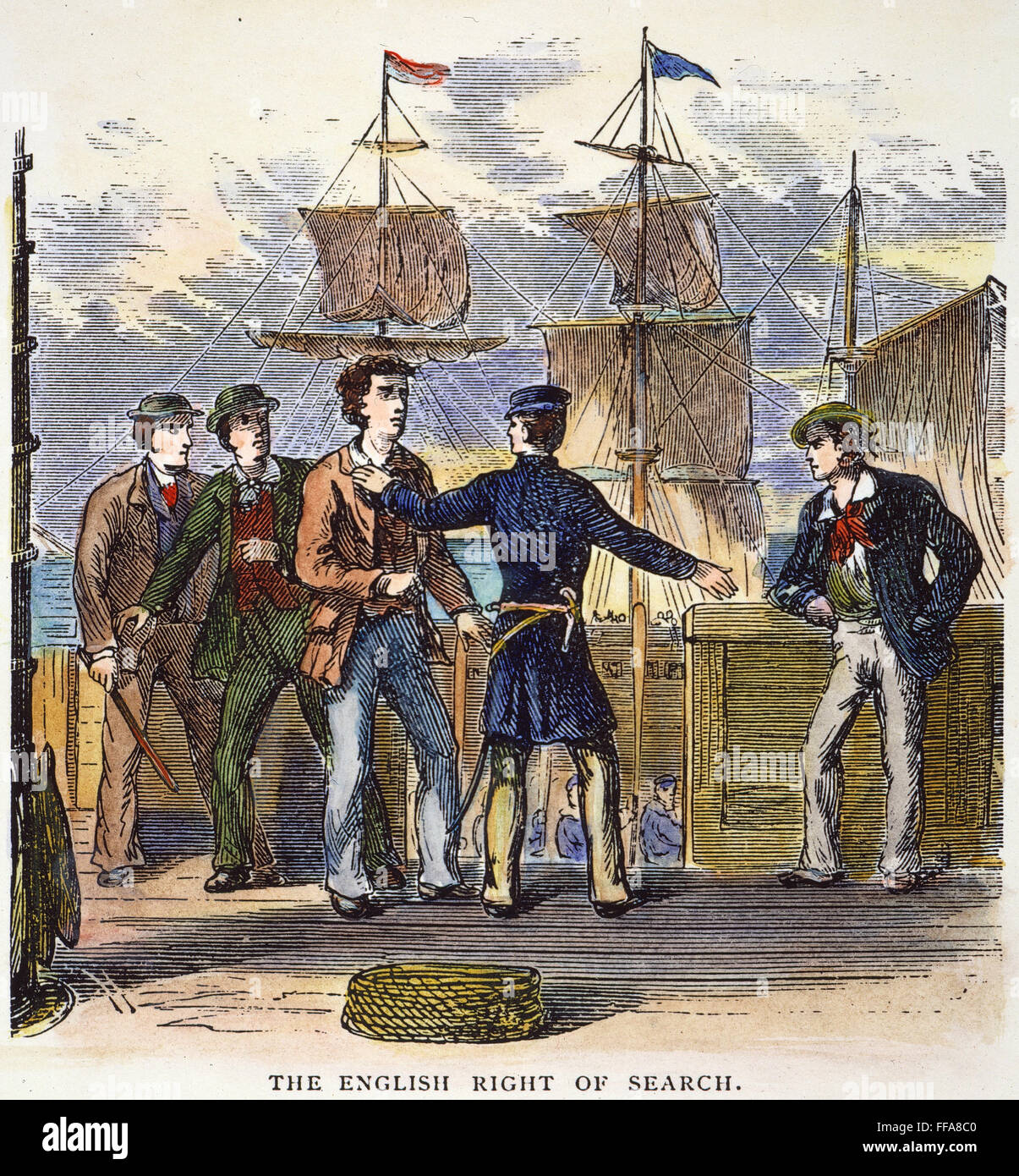 BRITISH: IMPRESSMENT, 1800s. /nThe British impressment of American seamen prior to the War of 1812: colored engraving, 19th century. Stock Photo