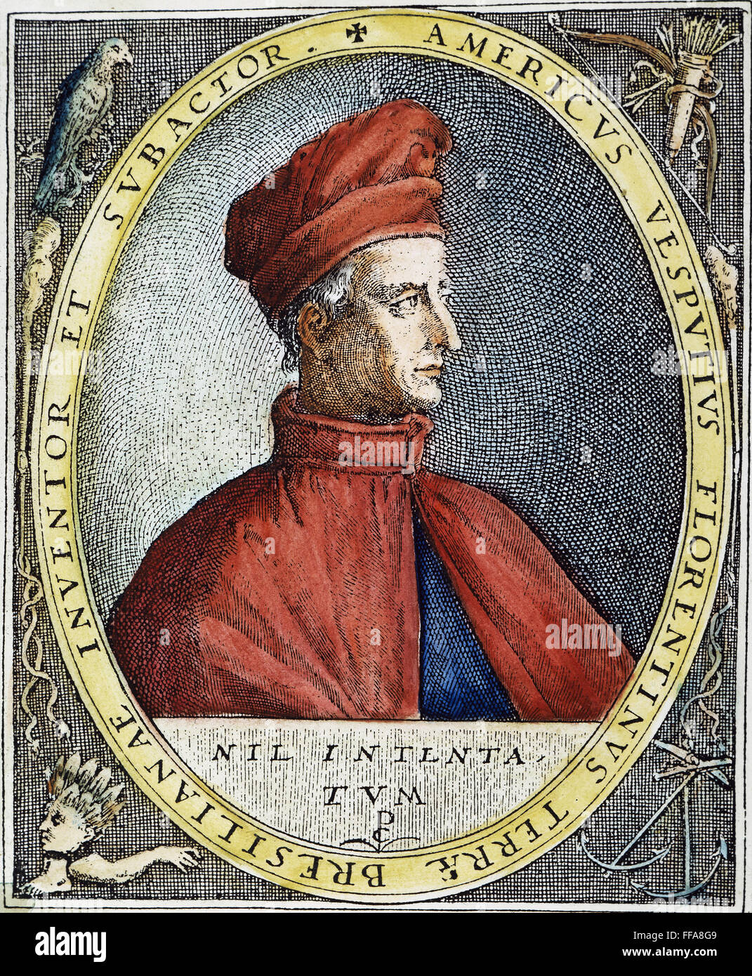 AMERIGO VESPUCCI (1454-1512). /nItalian navigator. Color engraving, 17th century. Stock Photo