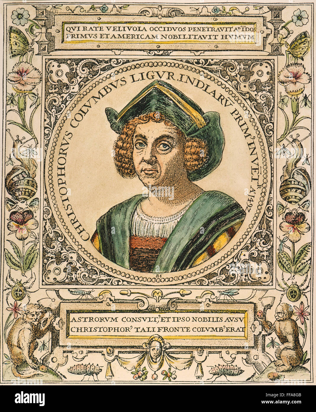 CHRISTOPHER COLUMBUS /n(1451-1506). Italian navigator. Line engraving, c1590, by Theodor de Bry. Stock Photo