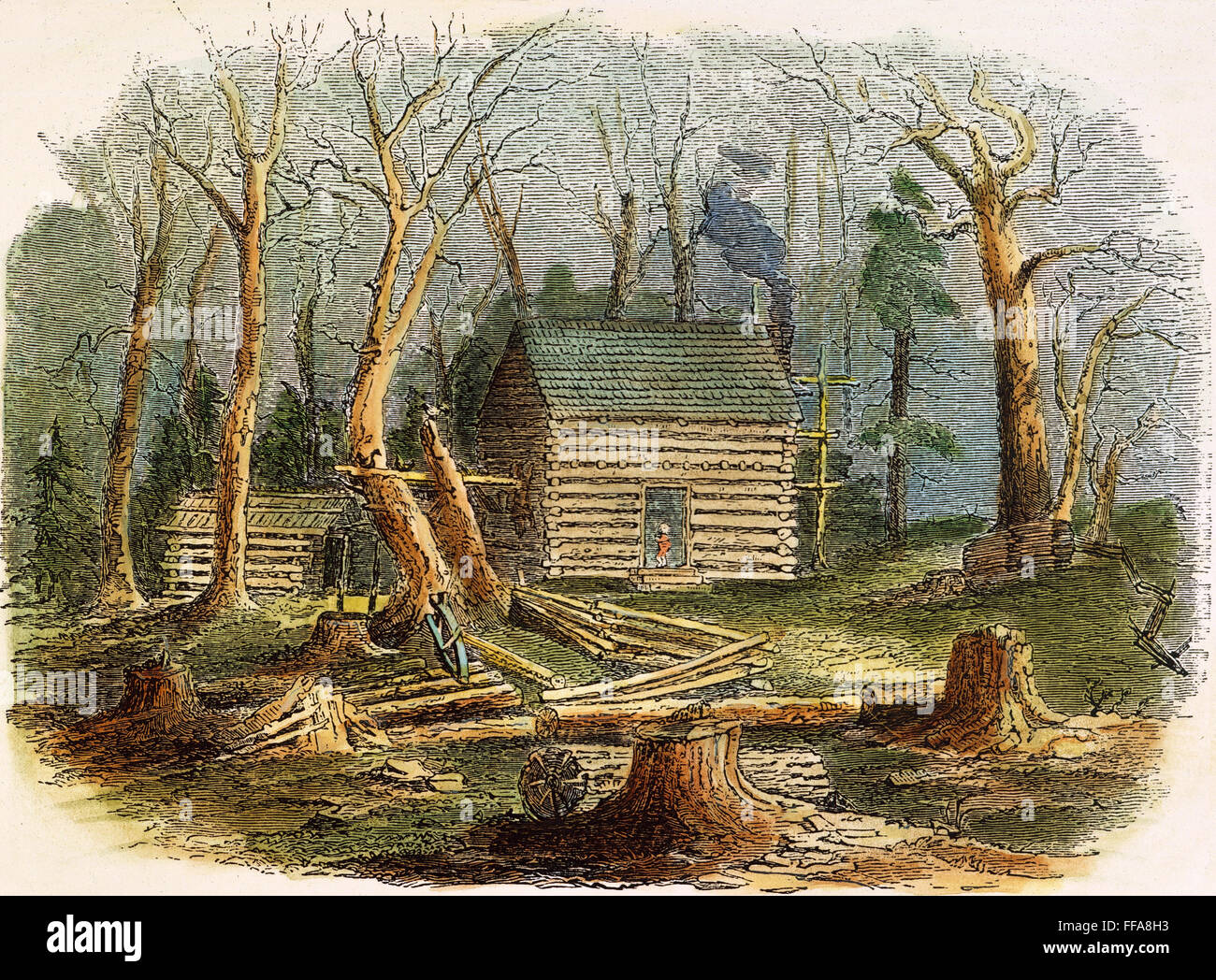 N.C.: LOG CABIN, 1857. /nA settler's cabin in North Carolina: colored engraving, 1857. Stock Photo