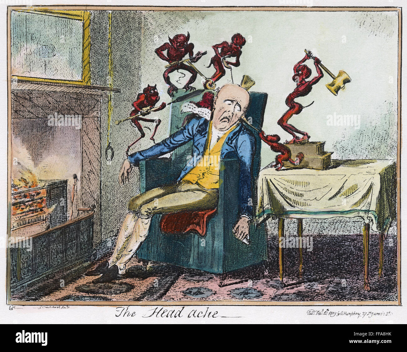 CRUIKSHANK: HEADACHE. /n'The Headache.' Etching, 1819, by George Cruikshank. Stock Photo