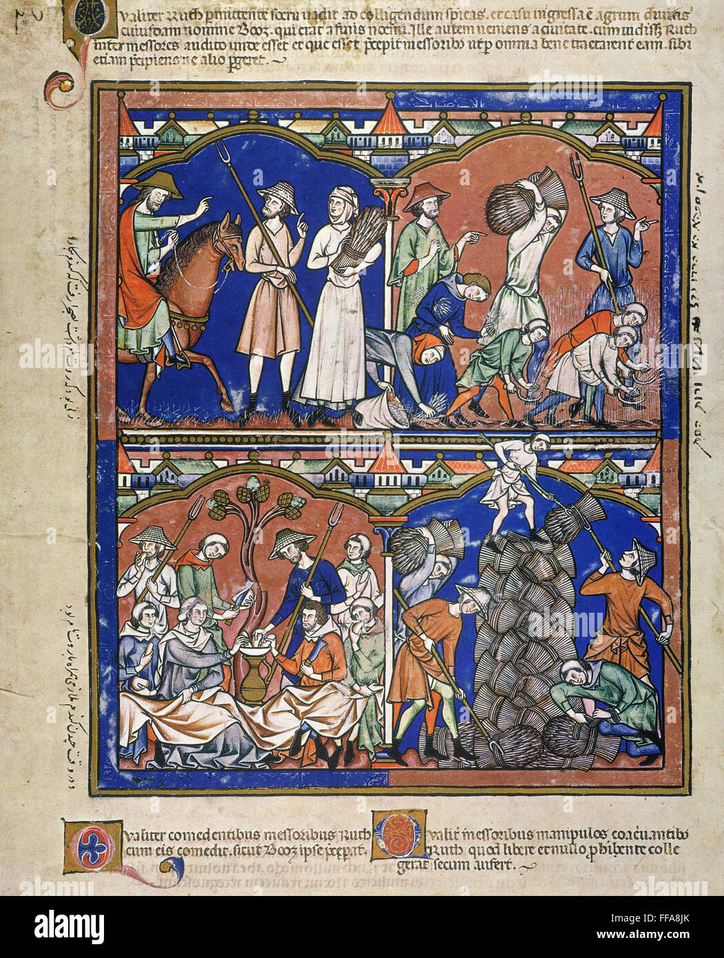 BOAZ SEES RUTH GLEANING /nin his field, top; Ruth eats with Boaz and ...