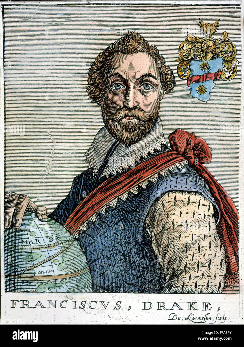 FRANCIS DRAKE (1540?-1596). /nEnglish admiral. Woodcut, Flemish, 1695. Stock Photo