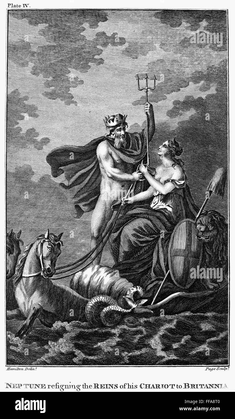 POSEIDON AND BRITANNIA. /n'Neptune resigning the Reins of his Chariot to Britannia.' Copper engraving, English, 18th century. Stock Photo