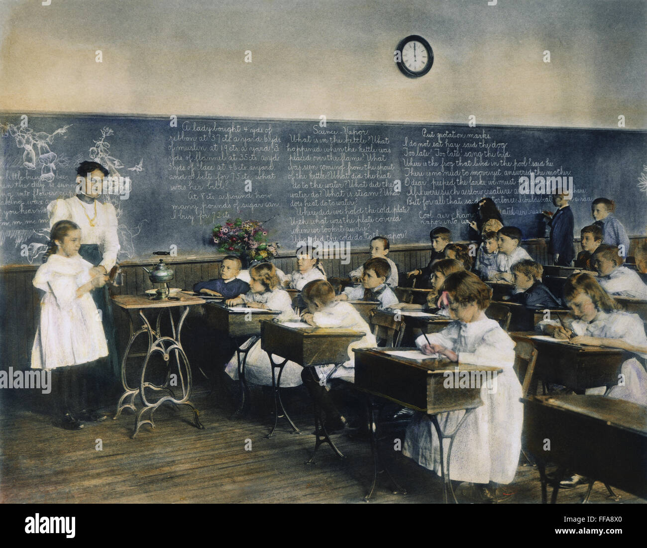 SCIENCE CLASS, 1899. /nStudying water vapor at the Second Division School, Washington, D.C.: oil over a photograph, 1899, by Frances Benjamin Johnston. Stock Photo