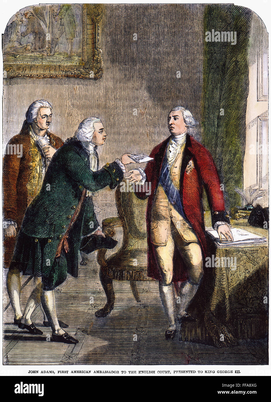 JOHN ADAMS (1735-1826) /npresented to King George III, in 1785, as first American ambassador to the English court: wood engraving, 19th century. Stock Photo