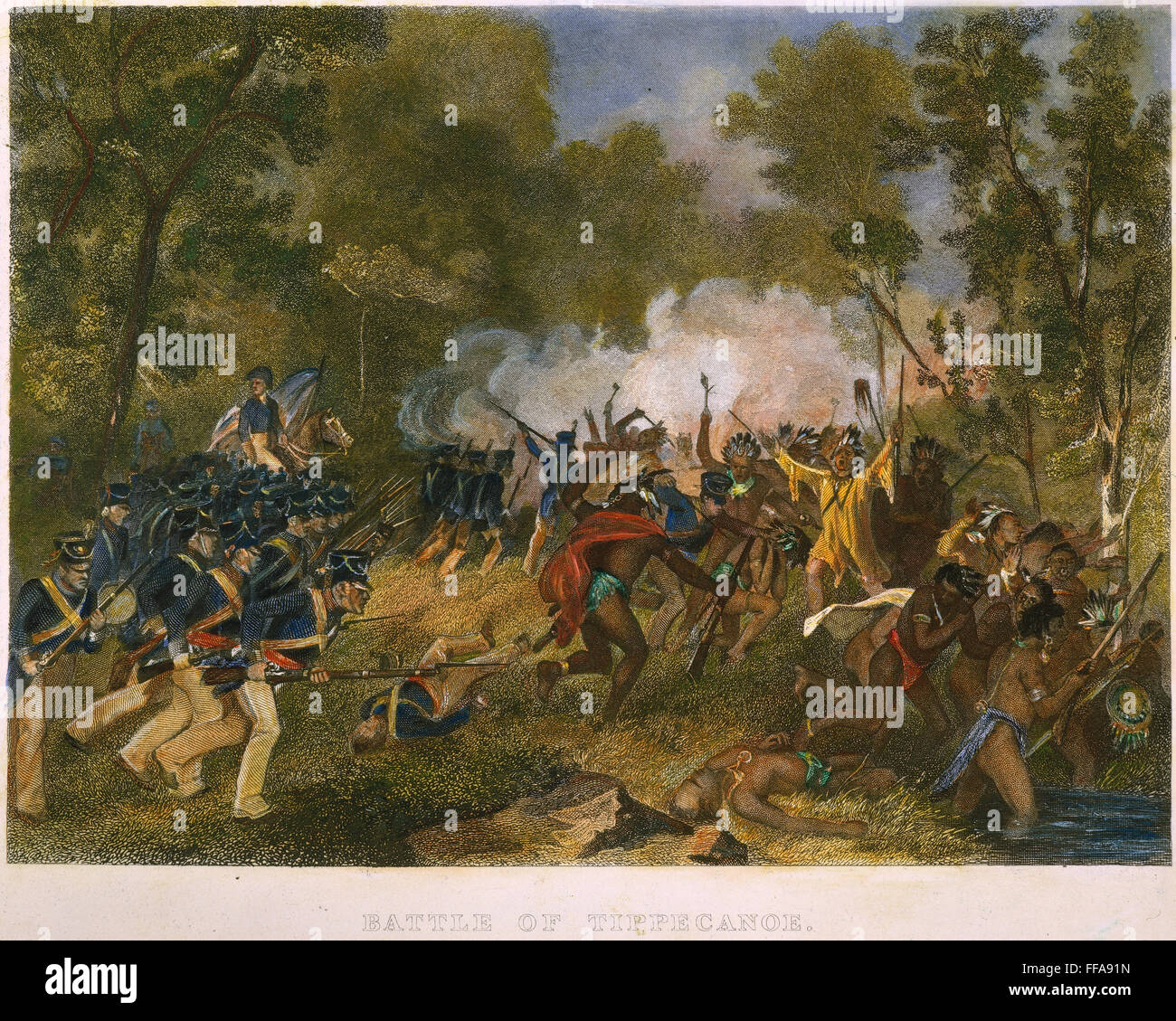 BATTLE OF TIPPECANOE, 1811. /nA U.S. force under General William Henry Harrison defeats Native Americans under Tenskwatawa, the 'Prophet', brother of Tecumseh, 7 November 1811. Colored engraving, 19th century. Stock Photo