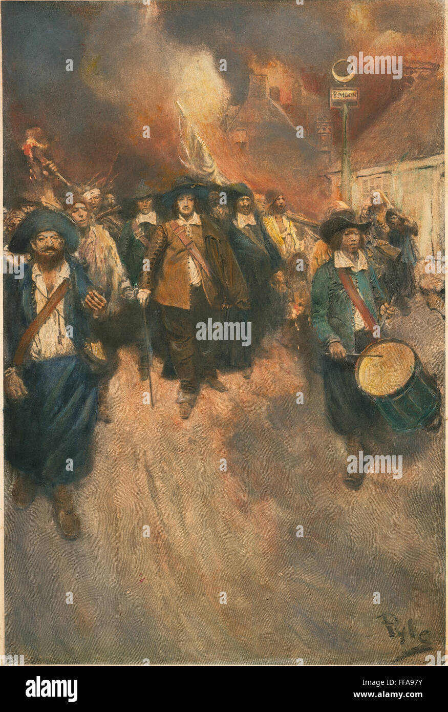 JAMESTOWN: N. BACON, 1676. /nNathaniel Bacon (center) and his followers at the burning of Jamestown, Virginia, on 19 September 1676. Illustration by Howard Pyle. Stock Photo