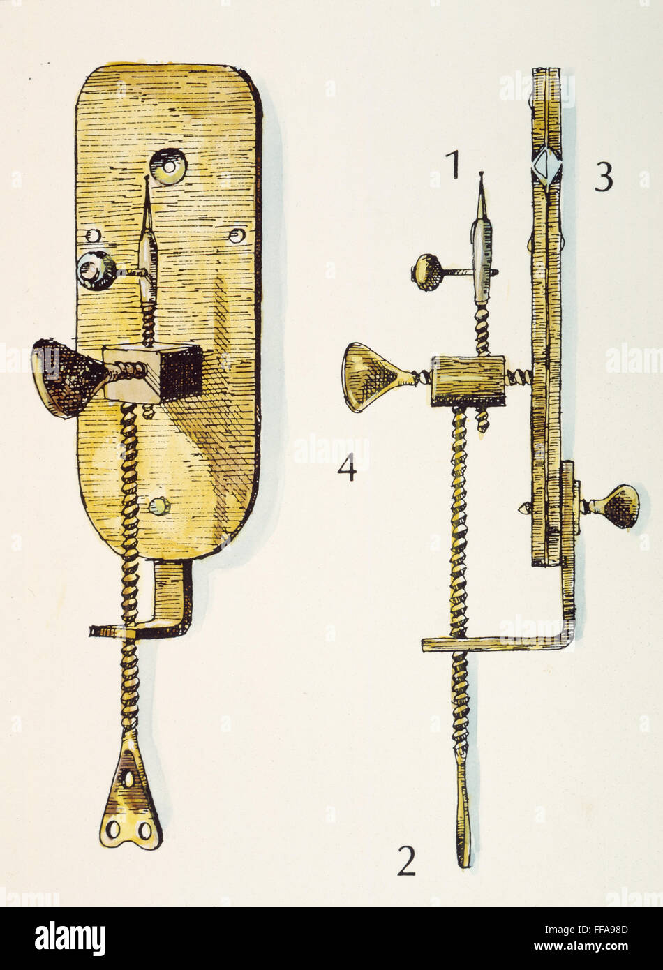 ANTON van LEEUWENHOEK /n(1632-1723). Dutch naturalist. One of Leeuwenhoek's microscopes: (1) the specimen to be examined was placed on the apparatus, (2) brought into position vertically by turning the lower screw, (3) and moved toward or way from the len Stock Photo