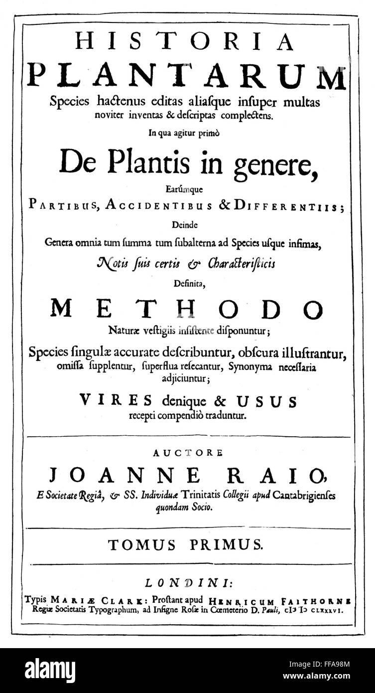 RAY: HISTORIA PLANTARUM. /nTitle-page of the first edition of volume 1 of John Ray's 'Historia Plantarum,' London, England, 1686. The encyclopedic description of the structure and function of plants by the 'father of English natural history'. Stock Photo