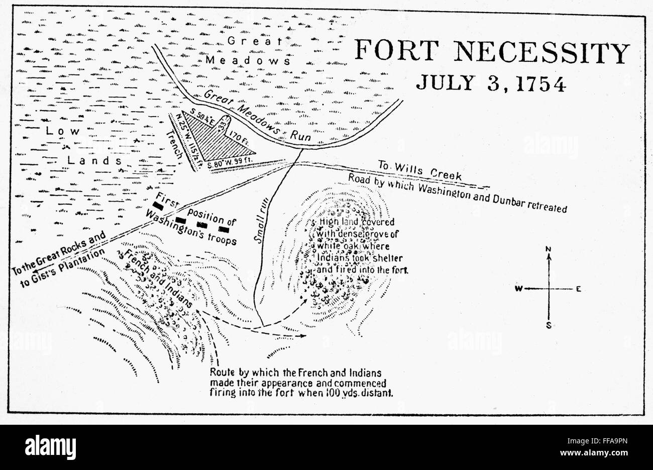 FORT NECESSITY, 1754. /nEarly 20th century drawing of the surrender of