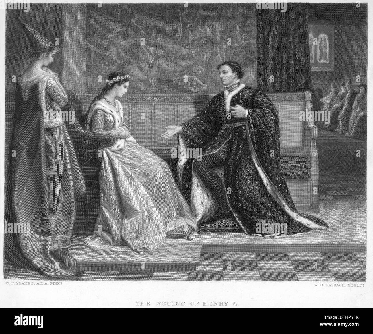 SHAKESPEARE: KING HENRY V. /nKing Henry wooing Princess Katharine of France (Catherine de Valois): steel engraving by W. Greatbach after W.F. Yeames, A.R.A., late 19th century. Stock Photo
