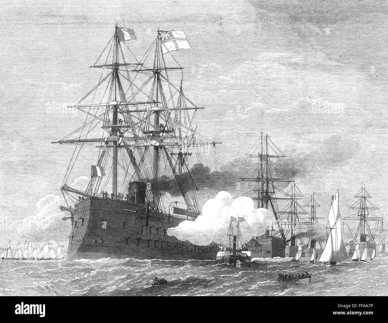 SOLFERINO  French Ironclad Battleship firing a salute as she enters Portsmouth harbour in 1866. Launched in 1861 she was decommisioned in 1882. Stock Photo
