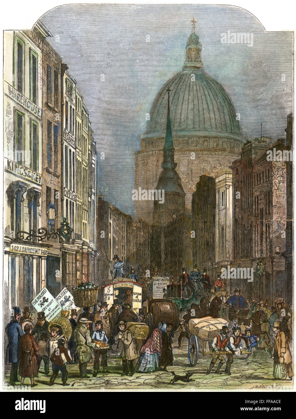 FLEET STREET, LONDON, 1848. /nLooking towards St. Paul's Cathedral. Line engraving, 1848. Stock Photo