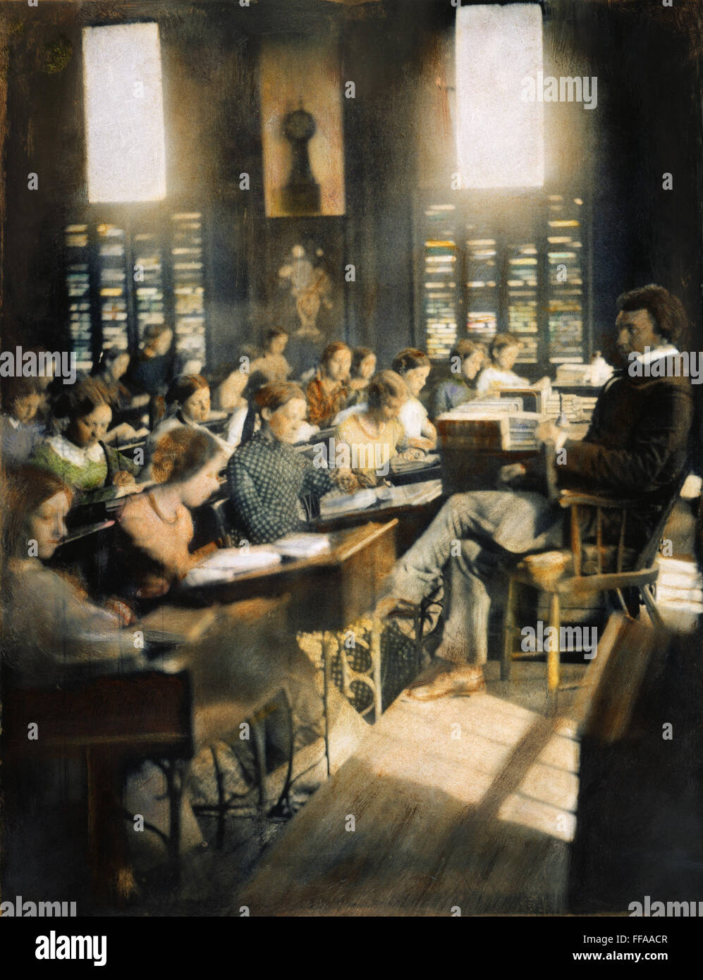 SCHOOL FOR GIRLS, c1850. /nClassroom in the Emerson School for Girls, Boston, Massachusetts. Oil over a daguerreotype, c1850, by Southworth & Hawes. Stock Photo