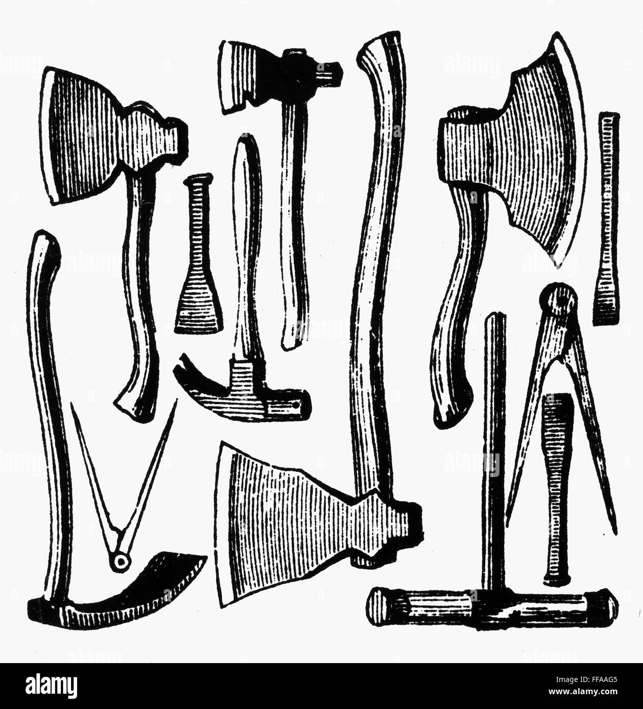 COLONIAL HAND TOOLS. /nVarious colonial hand tools. Line engraving ...